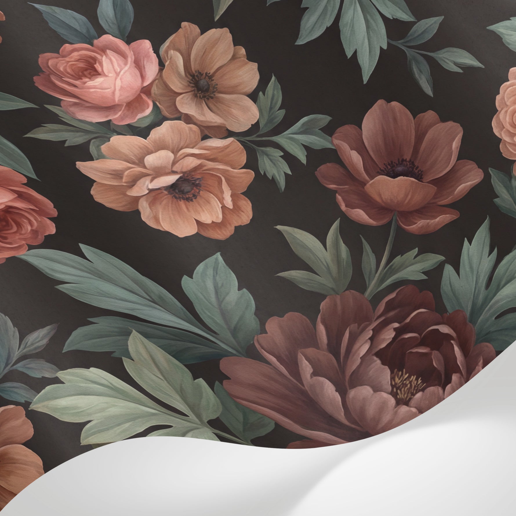 Papier peint panoramique pivoine rose - Fleurs romantiques feuillage vert sauge fond noir charbon et brun chocolat sur mesure - Matière