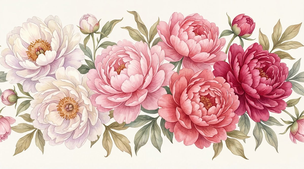 Papier peint panoramique pivoine rose - Pivoines délicates dégradé blanc nacré corail et bordeaux feuillage vert sauge sur mesure - Design