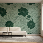 papier peint pivoines fleurs tracees stylisees feuillage ornemental fond vert sa-1