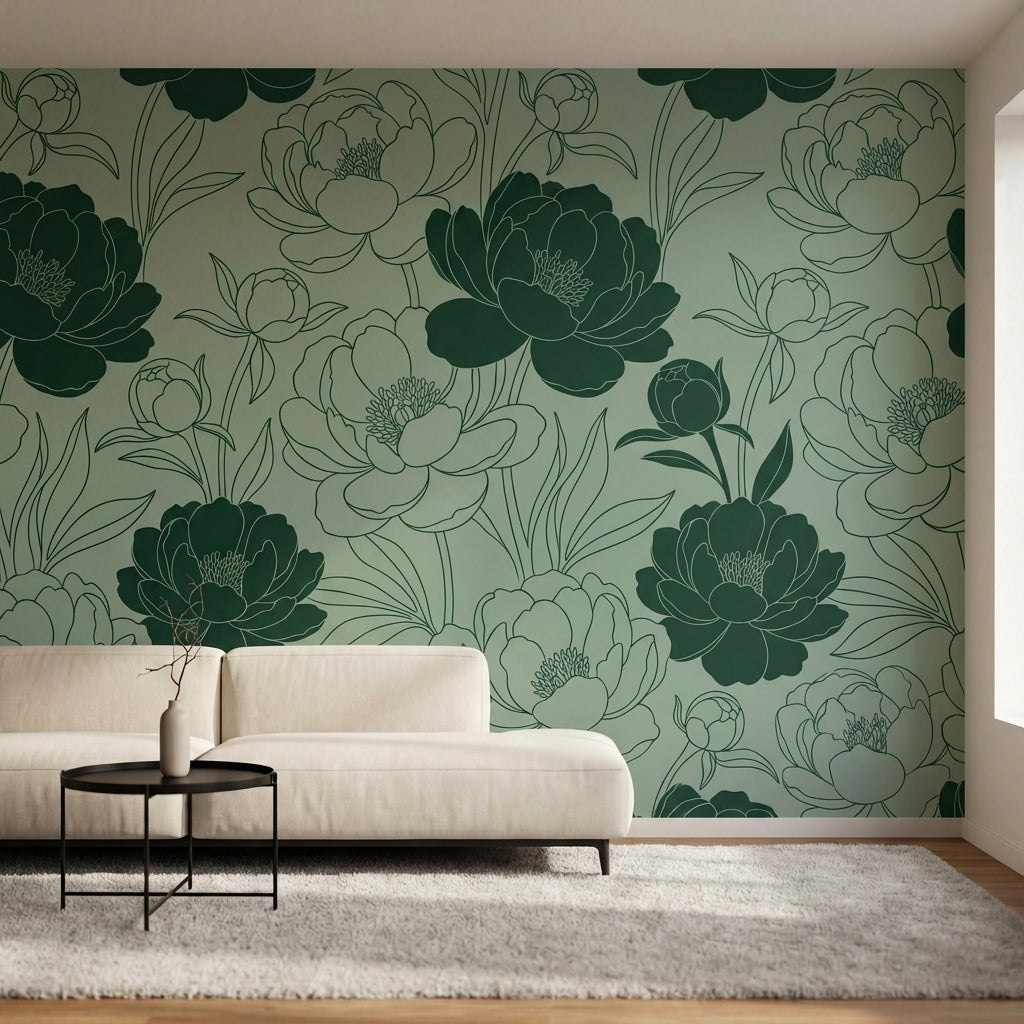 papier peint pivoines fleurs tracees stylisees feuillage ornemental fond vert sa-1