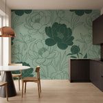 papier peint pivoines fleurs tracees stylisees feuillage ornemental fond vert sa-HERO-10