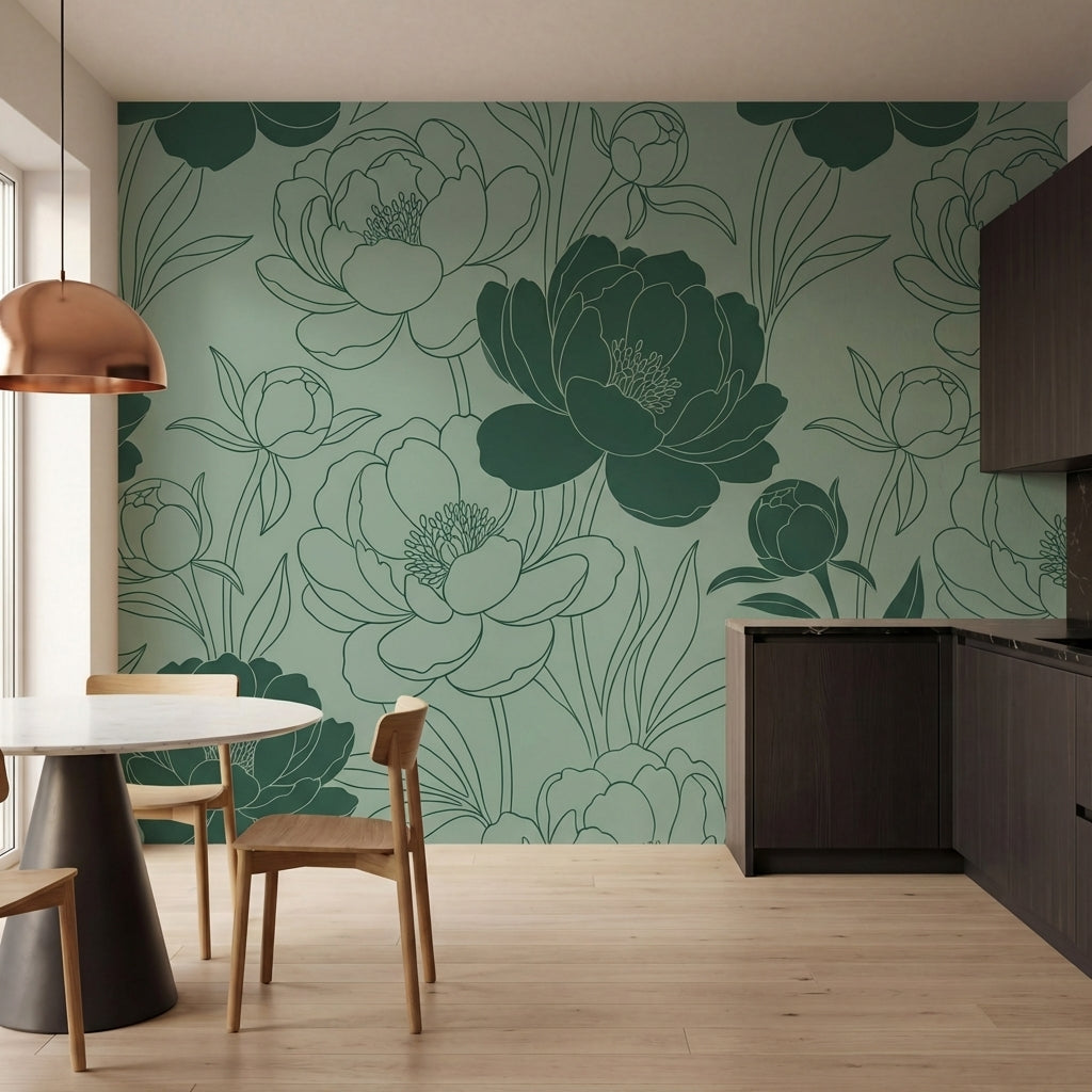 papier peint pivoines fleurs tracees stylisees feuillage ornemental fond vert sa-HERO-10