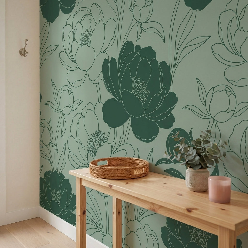 papier peint pivoines fleurs tracees stylisees feuillage ornemental fond vert sa-VARIANTE-9