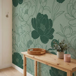 papier peint pivoines fleurs tracees stylisees feuillage ornemental fond vert sa-VARIANTE-9