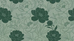 Papier peint panoramique pivoines - Fleurs tracées stylisées feuillage ornemental fond vert sauge et blanc cassé sur mesure - Design