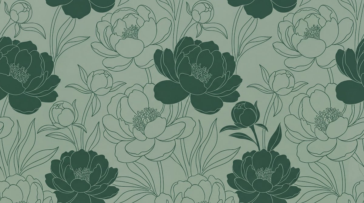 Papier peint panoramique pivoines - Fleurs tracées stylisées feuillage ornemental fond vert sauge et blanc cassé sur mesure - Design