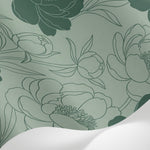 Papier peint panoramique pivoines - Fleurs tracées stylisées feuillage ornemental fond vert sauge et blanc cassé sur mesure - Matière