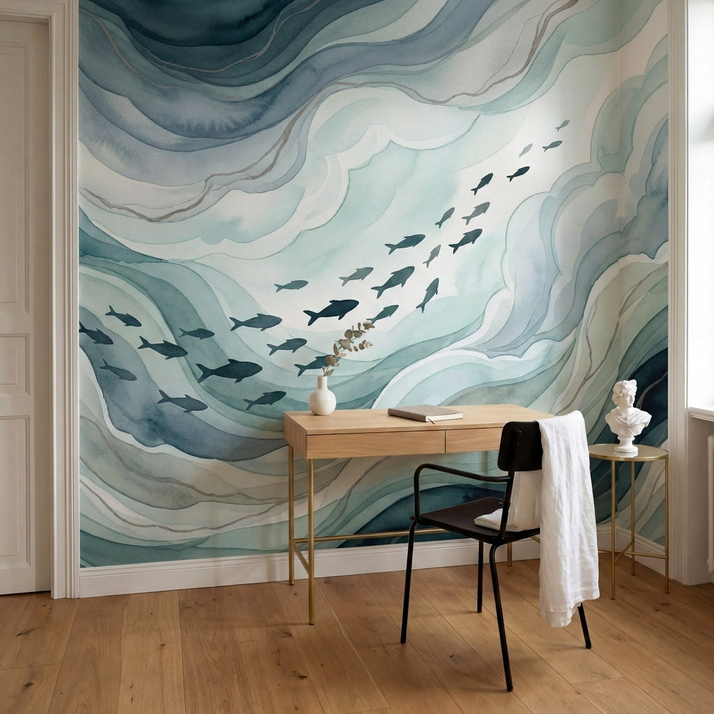 papier peint poissons ecole nageant dans vagues fluides tons bleu gris et blanc -10