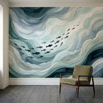 papier peint poissons ecole nageant dans vagues fluides tons bleu gris et blanc -4