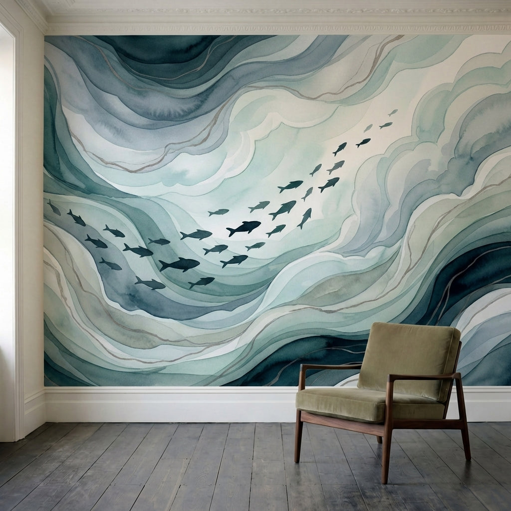 papier peint poissons ecole nageant dans vagues fluides tons bleu gris et blanc -4