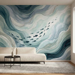 papier peint poissons ecole nageant dans vagues fluides tons bleu gris et blanc -5
