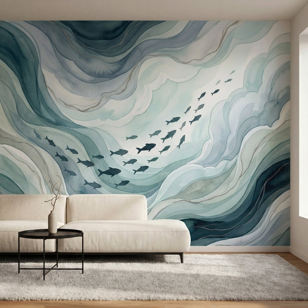 papier peint poissons ecole nageant dans vagues fluides tons bleu gris et blanc -5