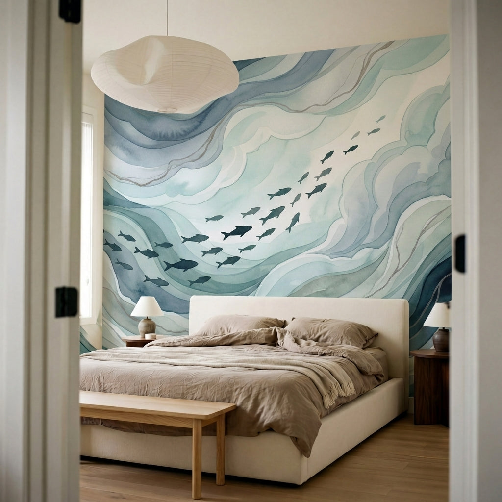 papier peint poissons ecole nageant dans vagues fluides tons bleu gris et blanc -8