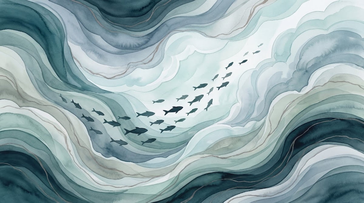 Papier peint panoramique poissons - École nageant dans vagues fluides tons bleu gris et blanc crème sur mesure - Design