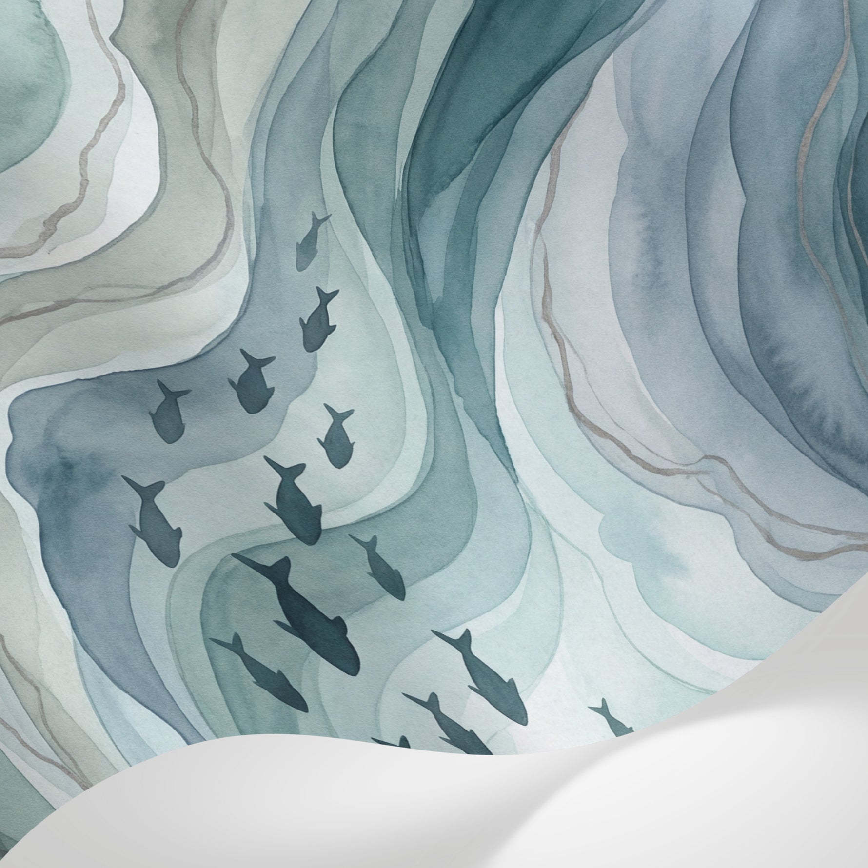 Papier peint panoramique poissons - École nageant dans vagues fluides tons bleu gris et blanc crème sur mesure - Matière