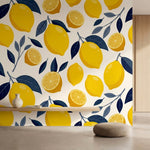 papier peint pour chambre adulte citrons branches feuillage botanique tons jaune-1
