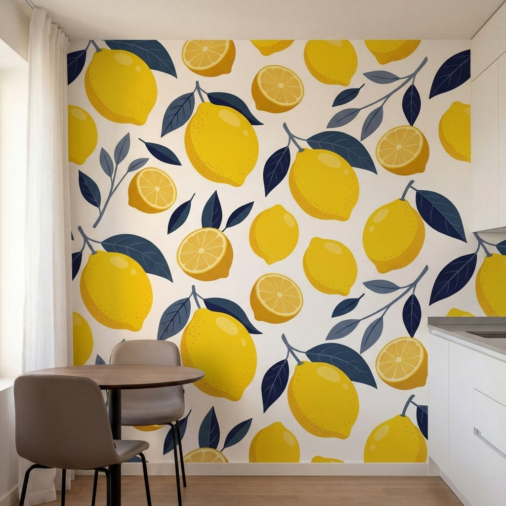 papier peint pour chambre adulte citrons branches feuillage botanique tons jaune-5