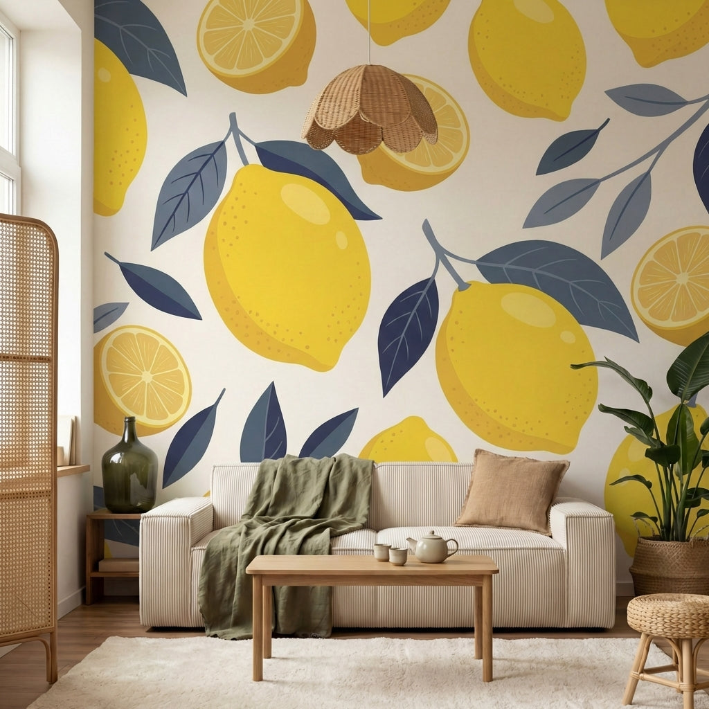 papier peint pour chambre adulte citrons branches feuillage botanique tons jaune-7