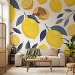 papier peint pour chambre adulte citrons branches feuillage botanique tons jaune-7