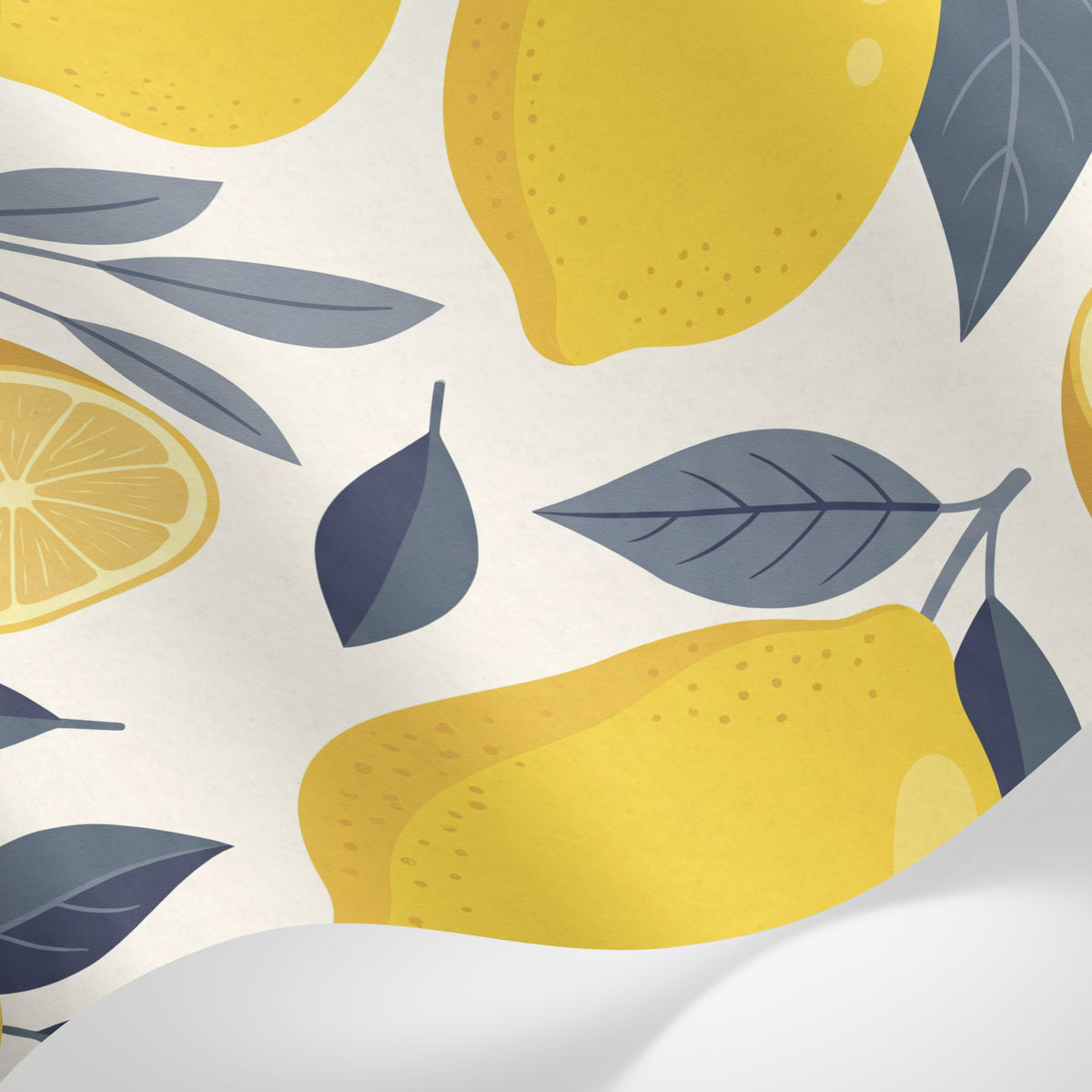 Papier peint panoramique nature - Citrons branches feuillage botanique tons jaune vif et gris ardoise sur mesure - Matière