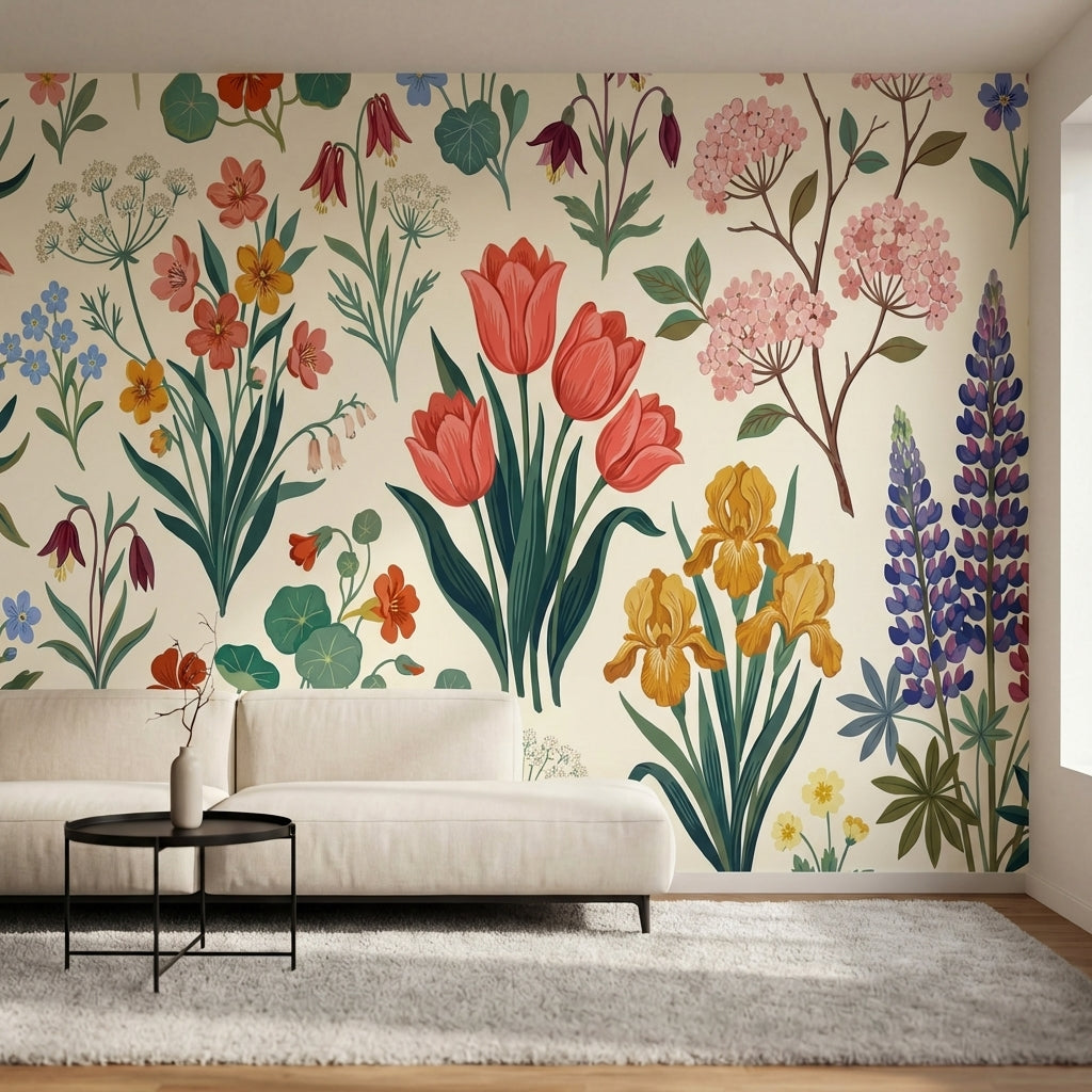 papier peint prairie fleurs tulipes iris lupins nasturtiums motifs botaniques fo-1