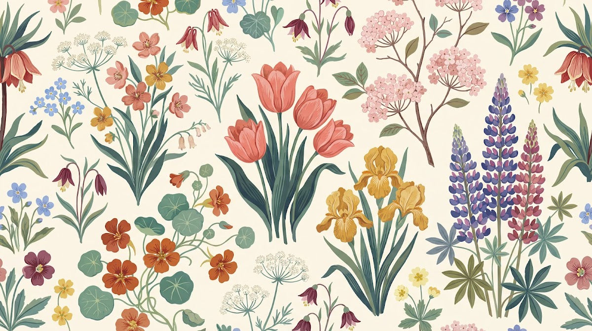 Papier peint panoramique prairie fleurs - Tulipes iris lupins nasturtiums motifs botaniques fond crème et multicolore sur mesure - Design