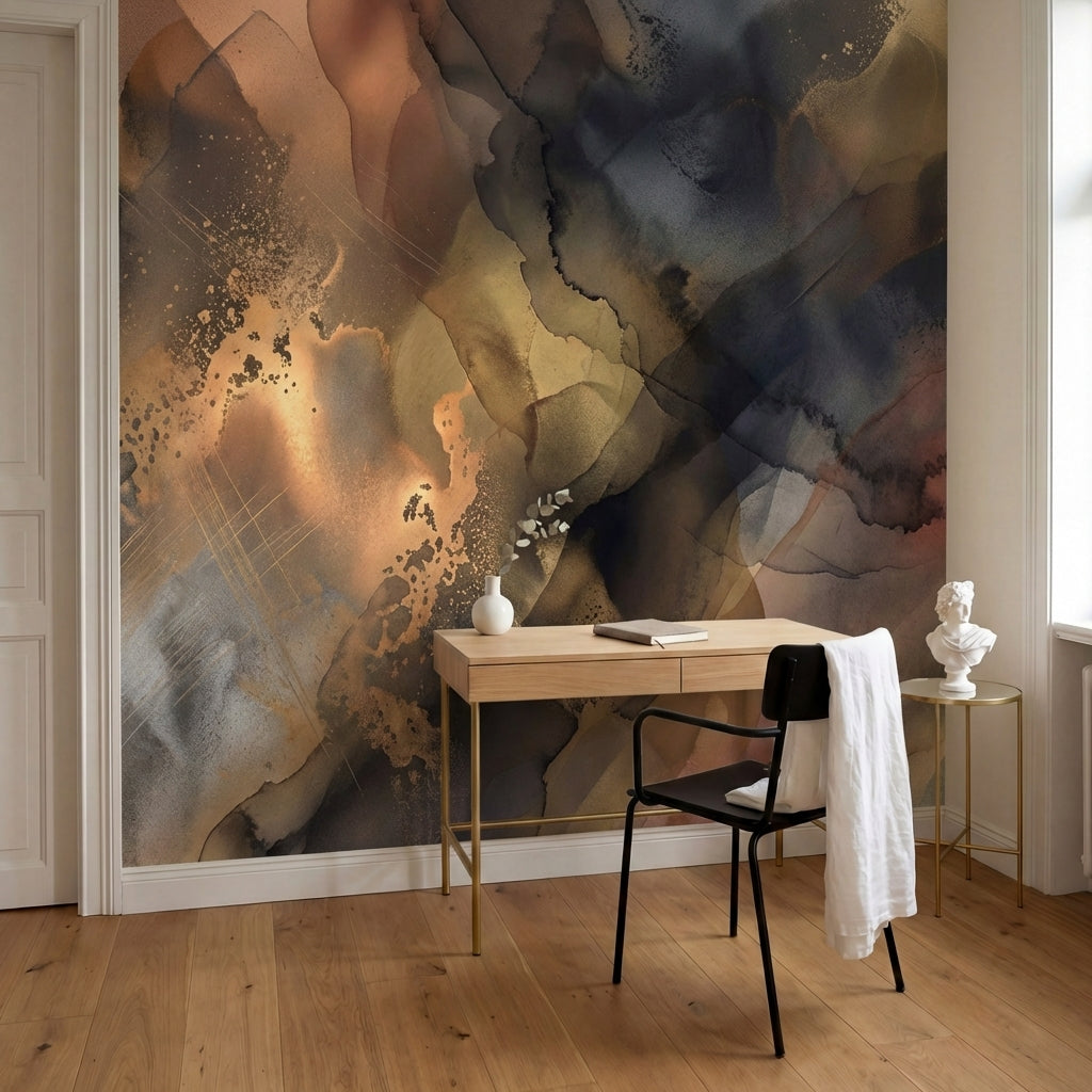 papier peint rose gold formes aquarelles fluides pailletees tons cuivre et beige-6