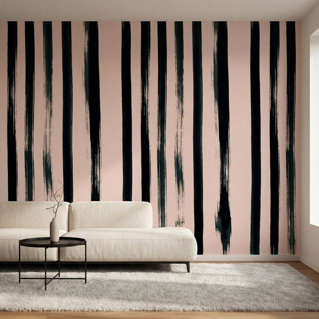 papier peint rose poudre et noir rayures verticales pinceau irregulieres effet p-1