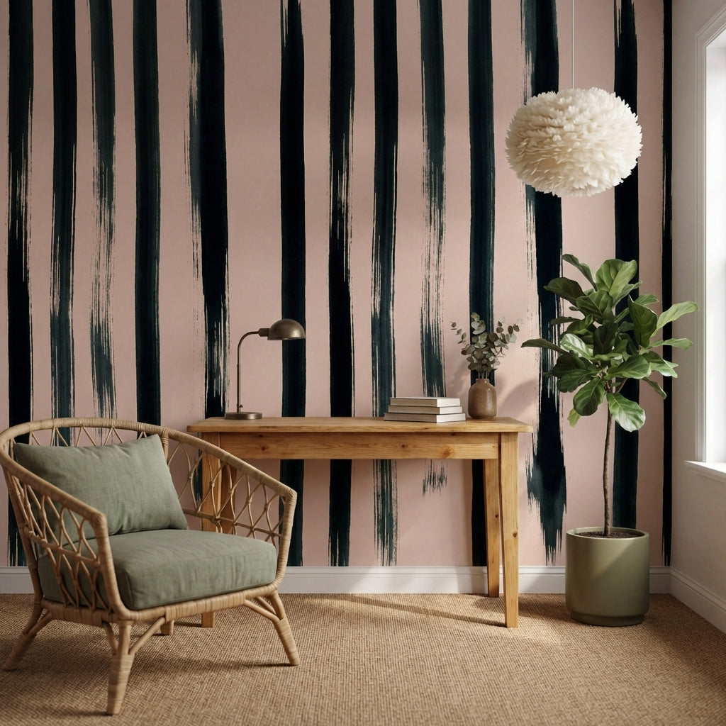 papier peint rose poudre et noir rayures verticales pinceau irregulieres effet p-VARIANTE-8