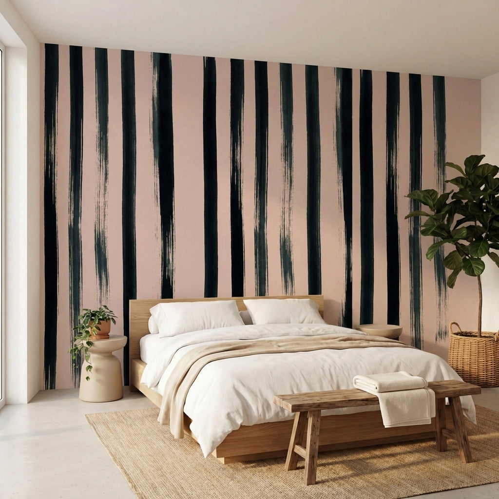 papier peint rose poudre et noir rayures verticales pinceau irregulieres effet p-VARIANTE-9