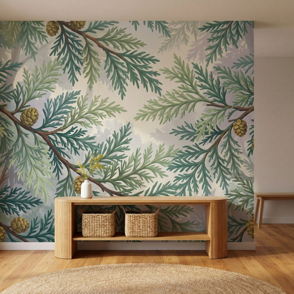 papier peint sapin branches coniferes pommes de pin tons vert sauge beige et bru-1
