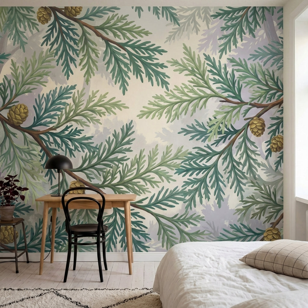 papier peint sapin branches coniferes pommes de pin tons vert sauge beige et bru-3