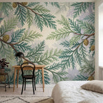 papier peint sapin branches coniferes pommes de pin tons vert sauge beige et bru-3