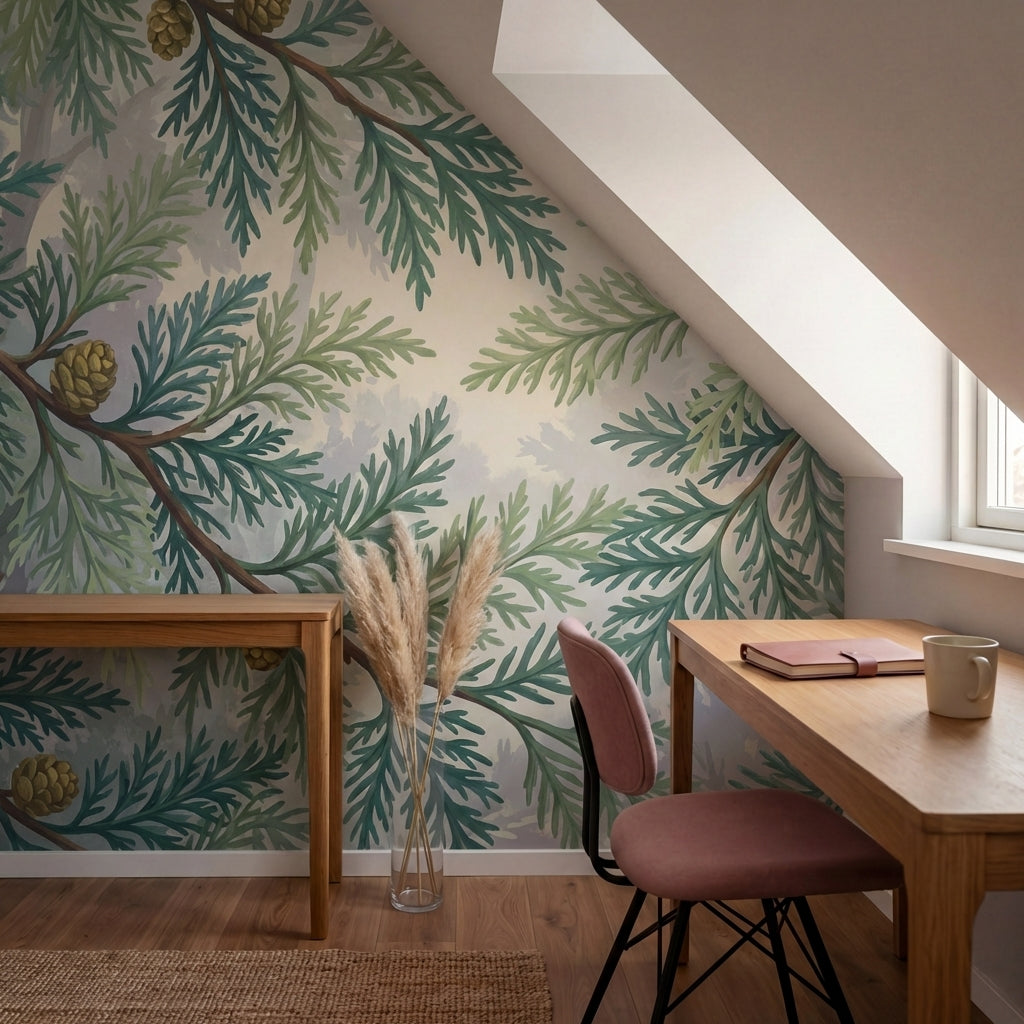 papier peint sapin branches coniferes pommes de pin tons vert sauge beige et bru-8