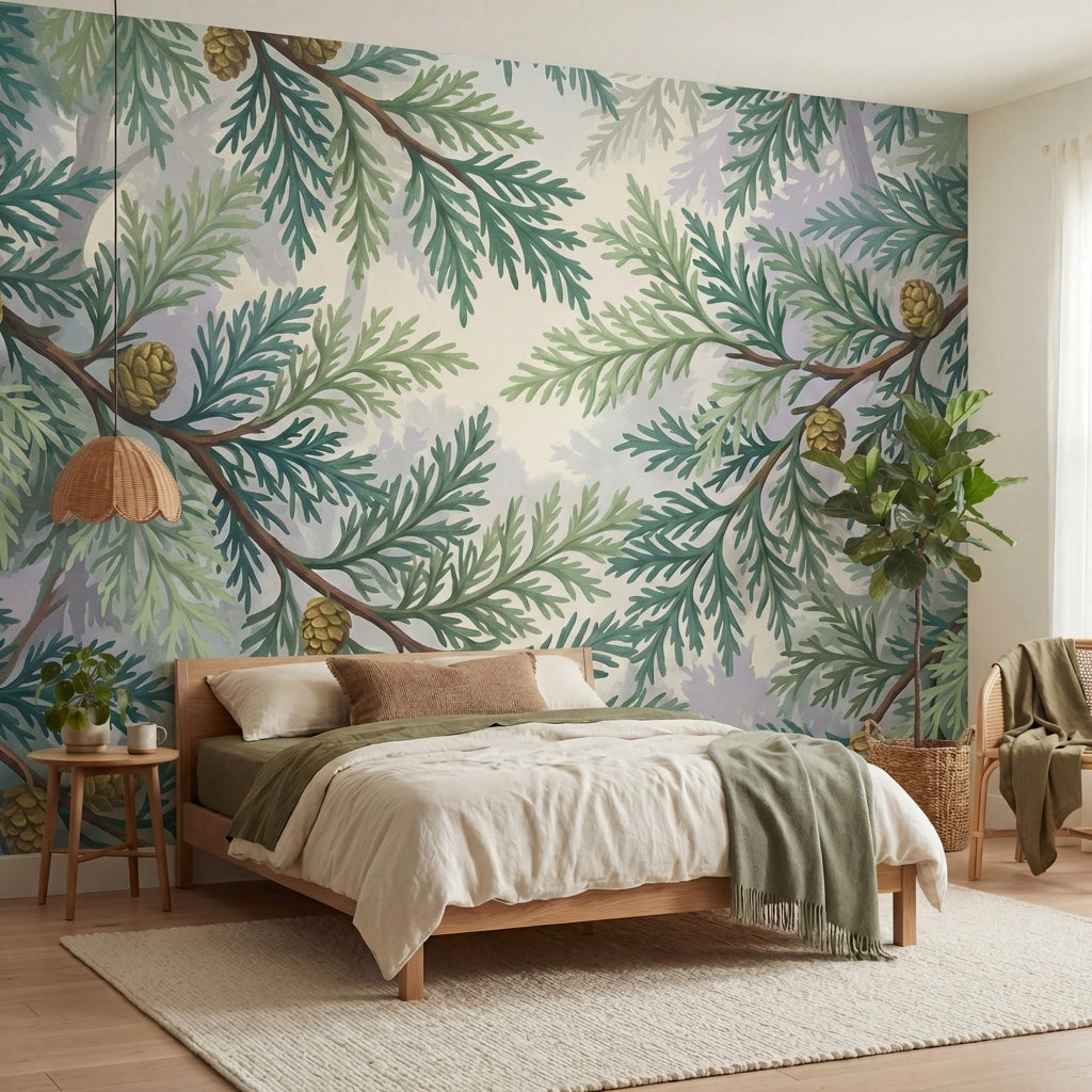 papier peint sapin branches coniferes pommes de pin tons vert sauge beige et bru-9