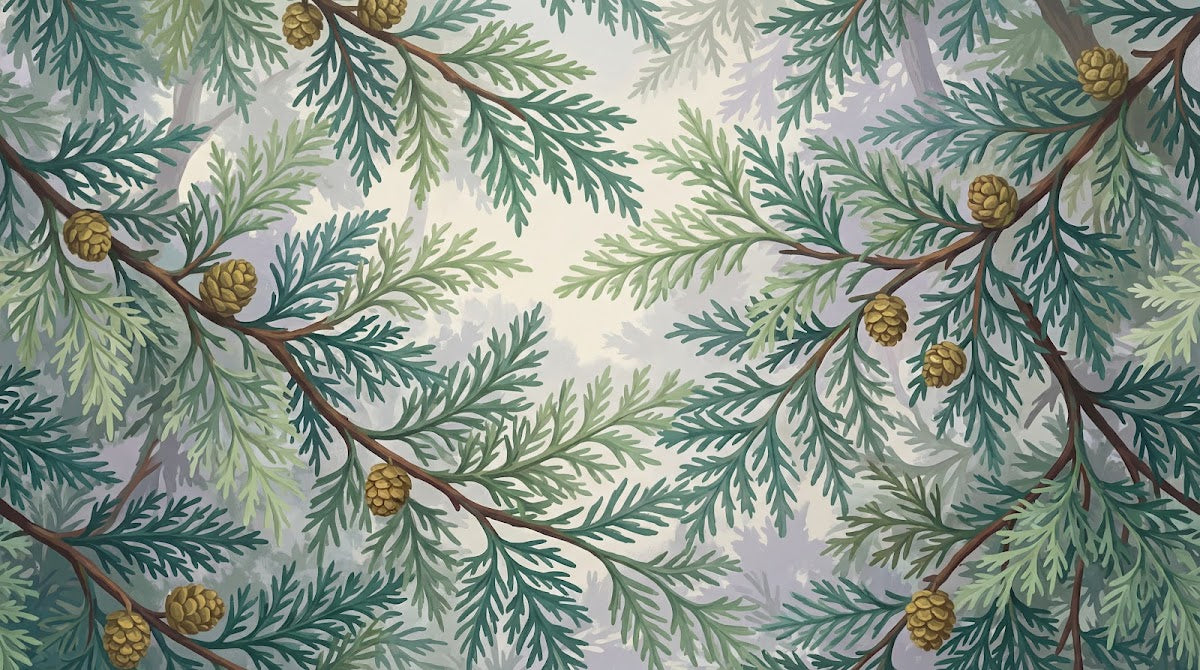 Papier peint panoramique sapin - Branches conifères pommes de pin tons vert sauge beige et brun sur mesure - Design