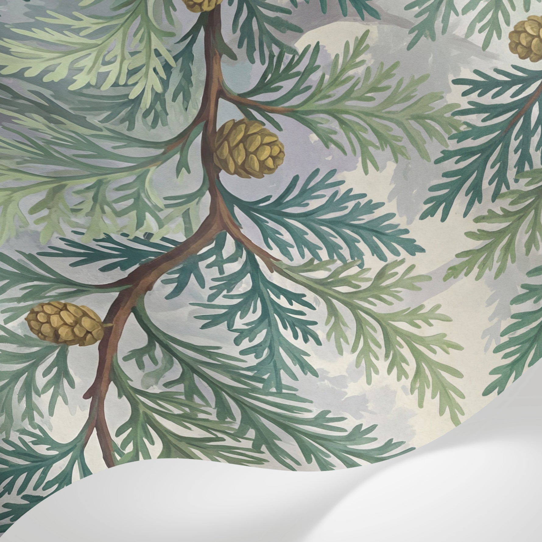 Papier peint panoramique sapin - Branches conifères pommes de pin tons vert sauge beige et brun sur mesure - Matière