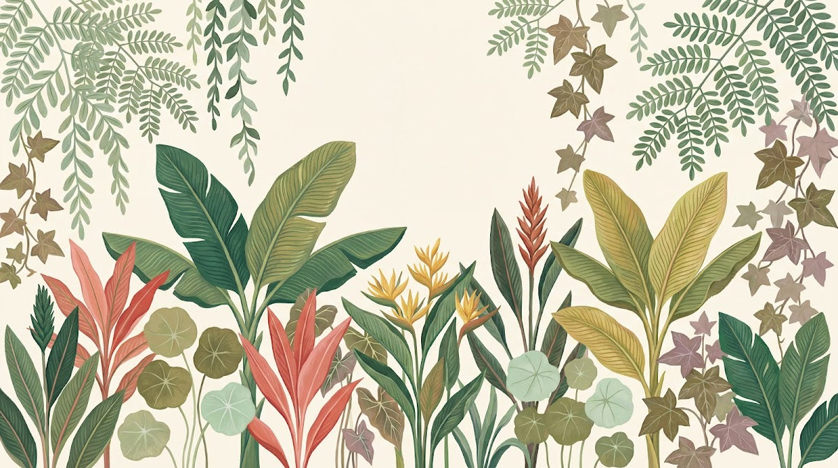 Papier peint panoramique tropical chic - Feuillage exotique lianes suspendues palmiers bananiers fond beige crème sur mesure - Design