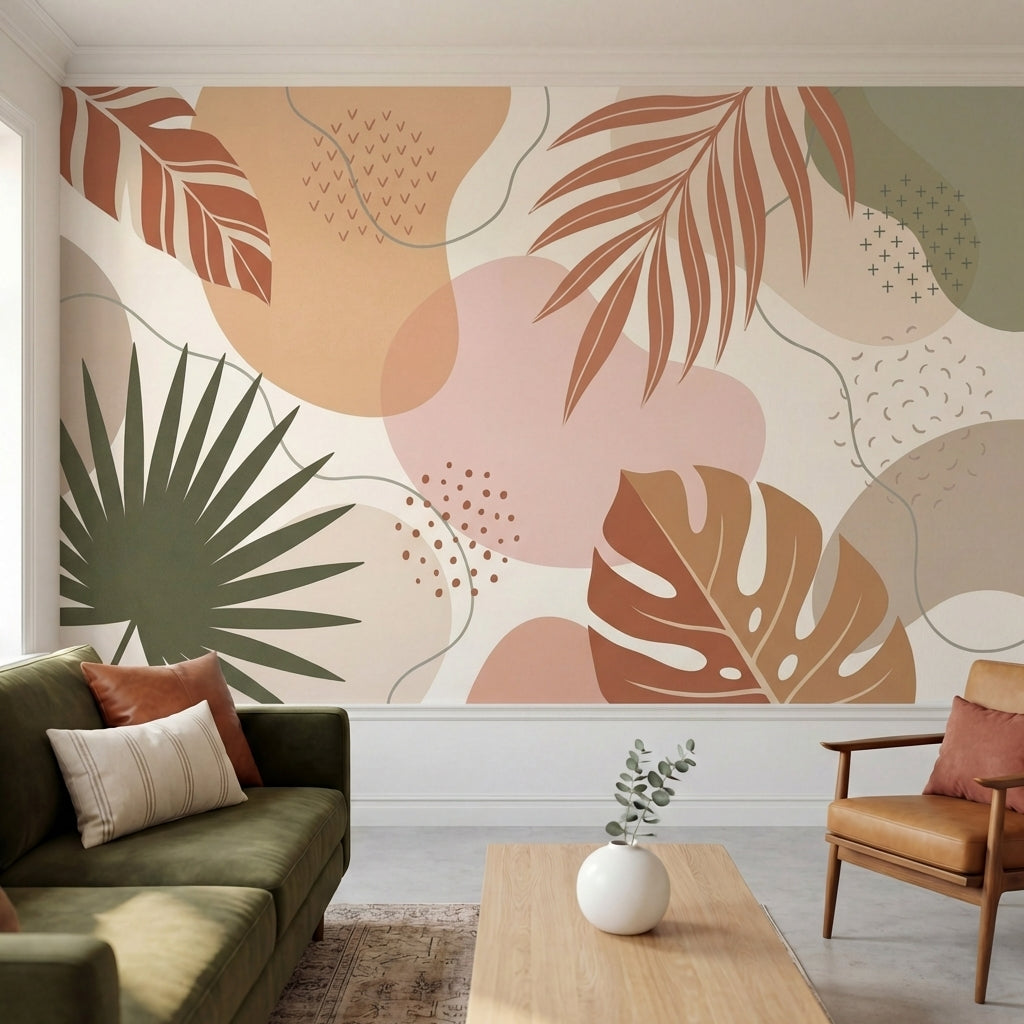 papier peint tropical chic feuilles palmier bananier formes abstraites beige ros-1