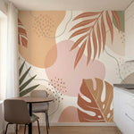 papier peint tropical chic feuilles palmier bananier formes abstraites beige ros-5