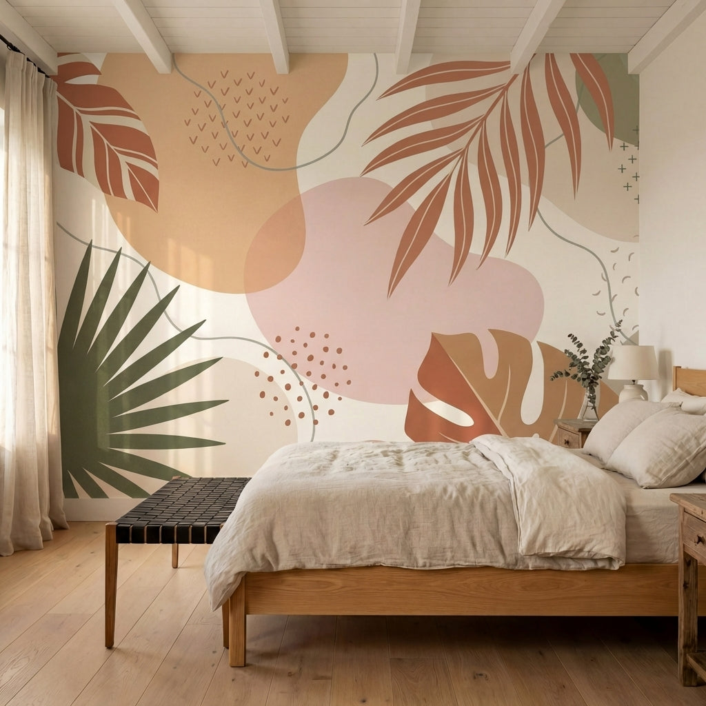 papier peint tropical chic feuilles palmier bananier formes abstraites beige ros-9