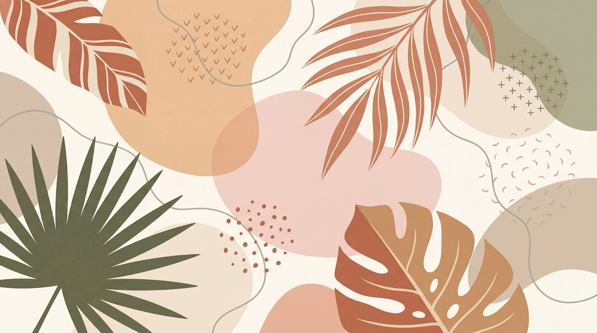 Papier peint panoramique tropical chic - Feuilles palmier bananier formes abstraites beige rosé et terracotta sur mesure - Design