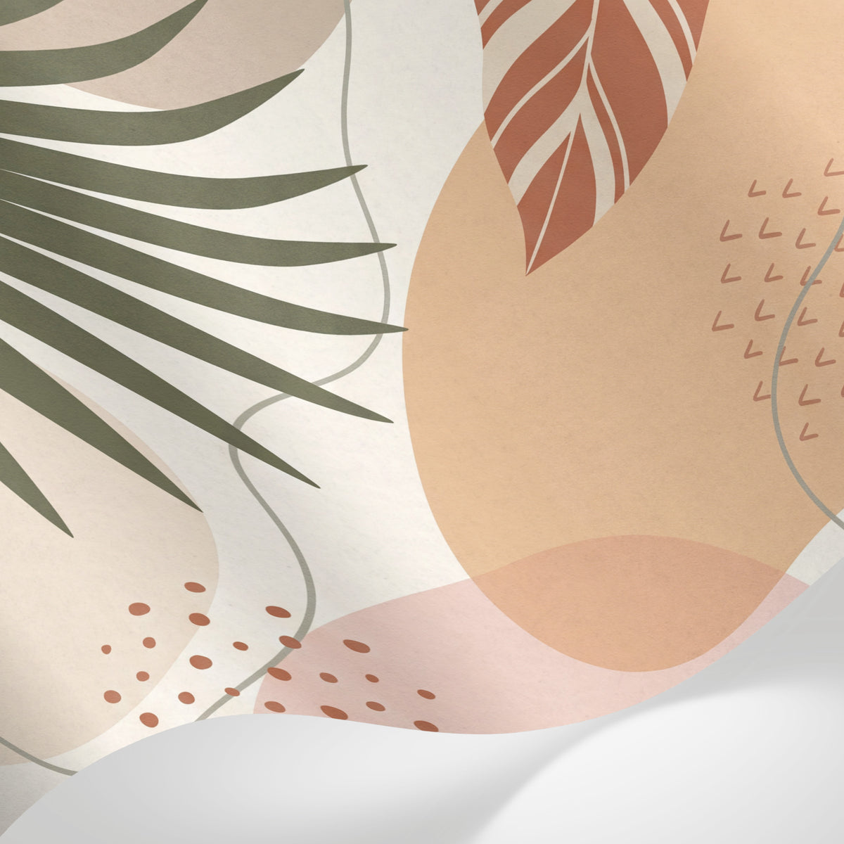 Papier peint panoramique tropical chic - Feuilles palmier bananier formes abstraites beige rosé et terracotta sur mesure - Matière