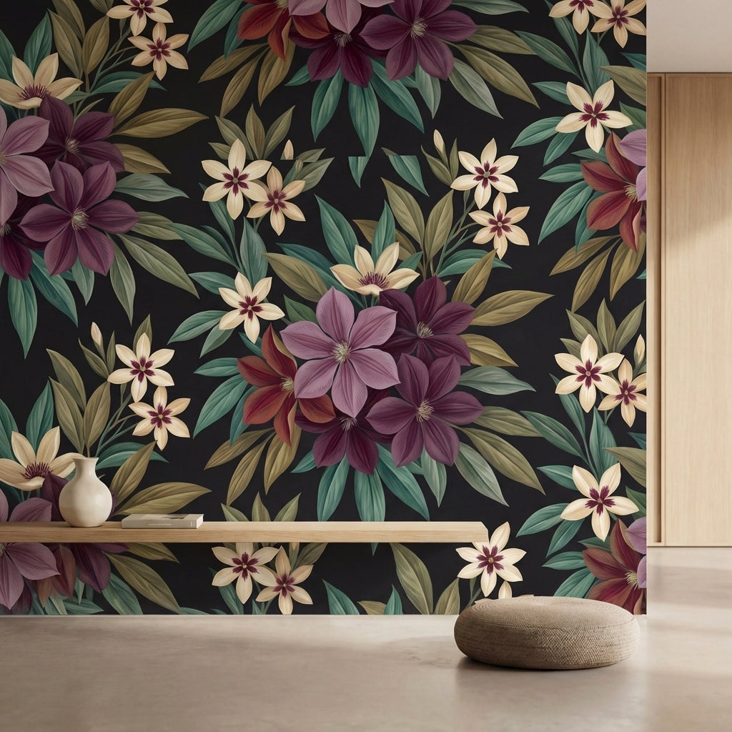 papier peint tropical chic fleurs hibiscus feuillage exotique repetitif fond noi-HERO-10