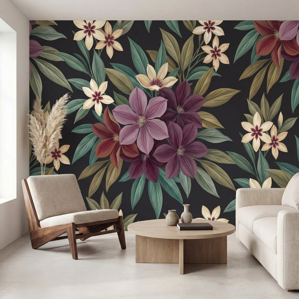 papier peint tropical chic fleurs hibiscus feuillage exotique repetitif fond noi-VARIANTE-9