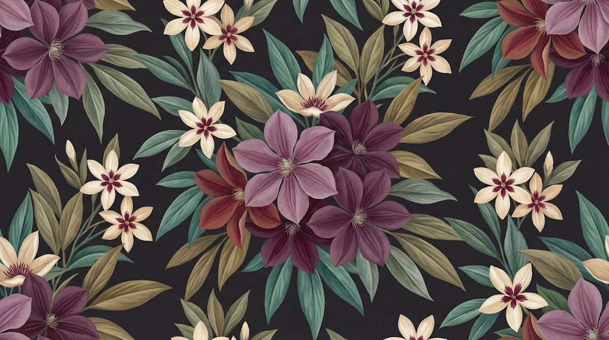 Papier peint panoramique tropical chic - Fleurs hibiscus feuillage exotique répétitif fond noir violet et crème sur mesure - Design