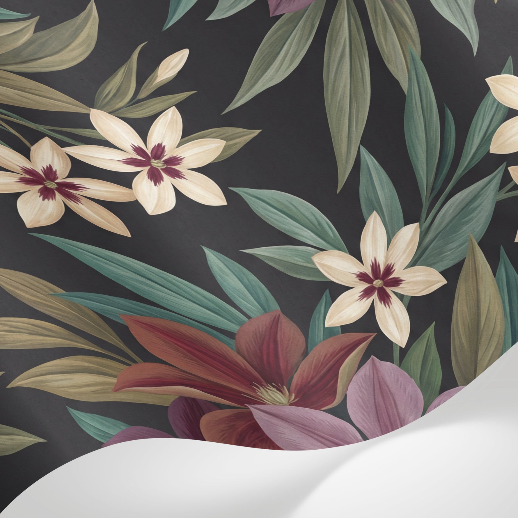 Papier peint panoramique tropical chic - Fleurs hibiscus feuillage exotique répétitif fond noir violet et crème sur mesure - Matière
