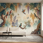 papier peint tropical chic oiseaux exotiques branches florales suspendues tons b-1