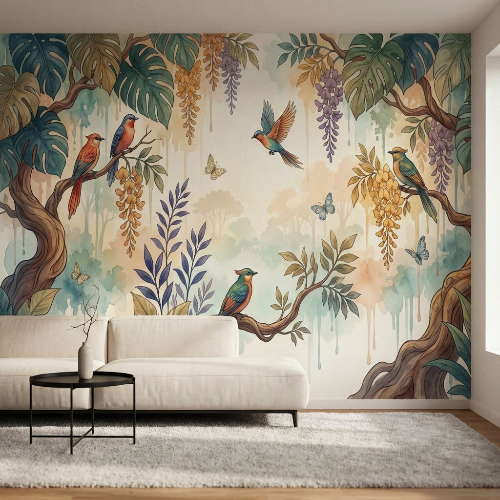 papier peint tropical chic oiseaux exotiques branches florales suspendues tons b-1