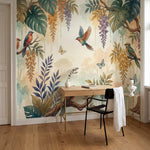 papier peint tropical chic oiseaux exotiques branches florales suspendues tons b-9